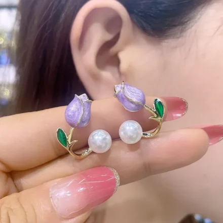 Floral pearl earrings for women with purple enamel flower design and gold finish