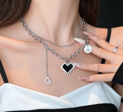 Twin Mosaic Love Necklace with dual heart pendants in stainless steel layered design