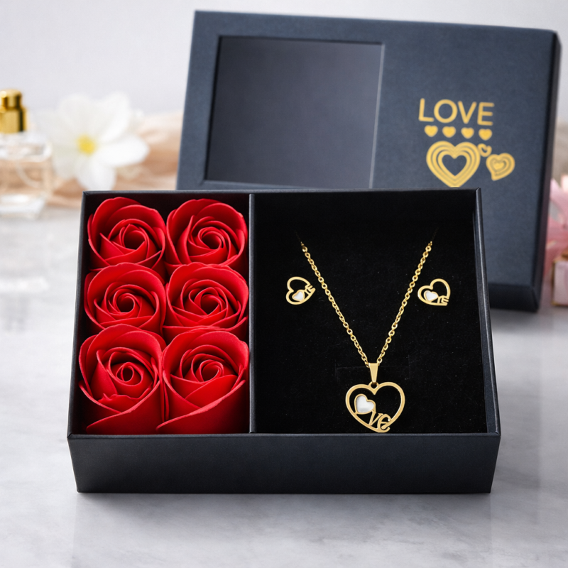 valentine gift necklace and heart ring set with free red rose gift box