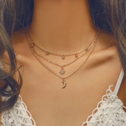 Moon Necklace is made of Stainless Steel (Anti tarnish).it is specially designed for women and girl,so that she can looks beautiful.Shop dainty triple layered moon & star necklace for women with Gold plated zircon inlay. Perfect streetwear jewelry for stylish ladies & gifting.you can use this for weddings,parties,office wear and daily wear.