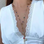 Woman wearing multicolor beaded Y necklace – trendy colourful beaded Y chain jewellery