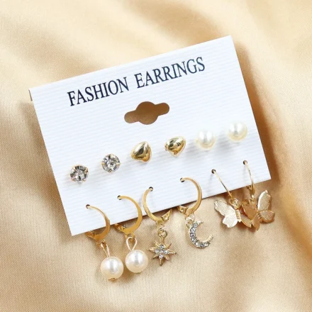 Cute Earrings Set of 6 with gold-plated studs and dangler design including pearls, moon & butterfly charms