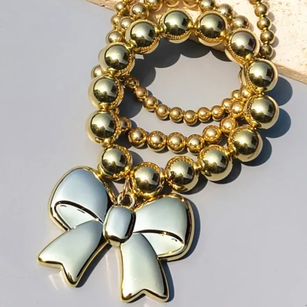 Bowknot Bracelet Stack Beads Jewellery Gold beaded bracelet stack with glossy bowknot charm for women
