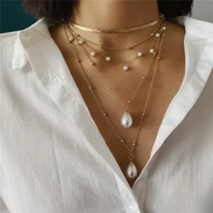 Elegant Vintage teardrops pearl necklace with layered design for women & girls – stylish gold layered jewellery India