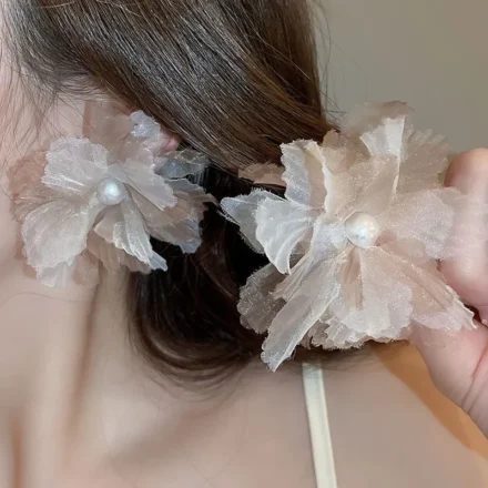 Flower Coffee Earrings with pearl center and soft sheer petals