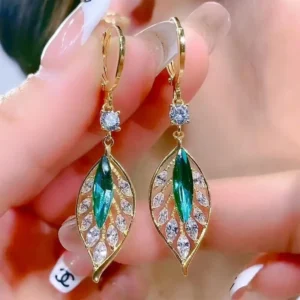 Peacock Earrings with gold leaf design and crystal accents – elegant dangler earrings for women