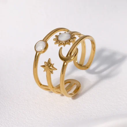 Stylish dainty ring – sun moon star design adjustable gold plated stainless steel jewellery India