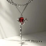 Red Rose Silver Necklace featuring a dual-layer chain with red crystal rose pendant