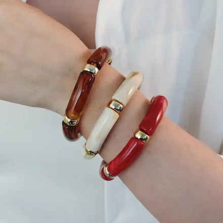 Resin Bracelets Tricolour Combo featuring red, white, and brown acrylic bangles with gold detailing
