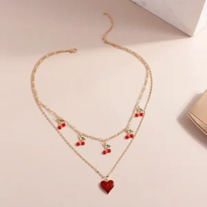 Cherry Heart Fruit Necklace, shop Cherry heart fruit double layer necklace with red heart pendant for women