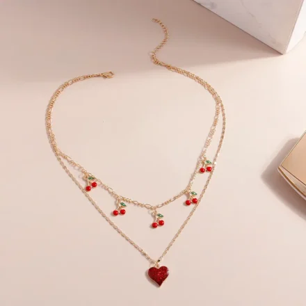 Cherry Heart Fruit Necklace, shop Cherry heart fruit double layer necklace with red heart pendant for women