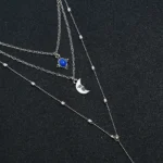 Blue stone necklace triple layered moon pendant with alloy silver plated chain India