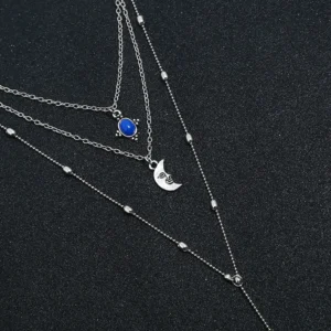 Blue stone necklace triple layered moon pendant with alloy silver plated chain India