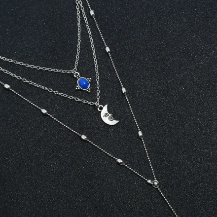 Blue stone necklace triple layered moon pendant with alloy silver plated chain India