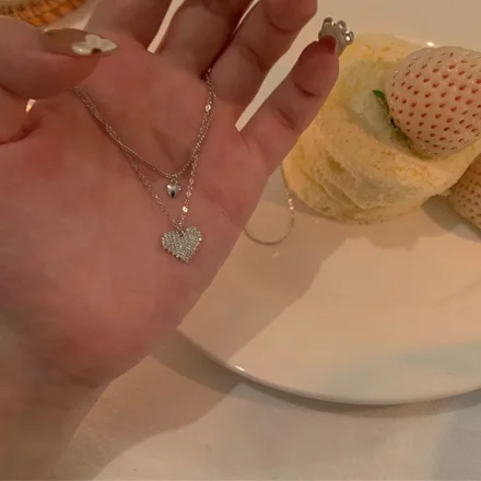 Sweet-Small-Sparkling-And-Loving-Double-Layer-Necklace-Women-s-Light-Luxury-Niche-High-Level-Design-Clavicle, chain,Heart double layer zircon necklace with sparkling pendant and delicate clavicle chain