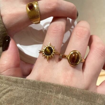 Sun Flower Tiger Eye Ring Combo featuring golden rings with tiger eye gemstones
