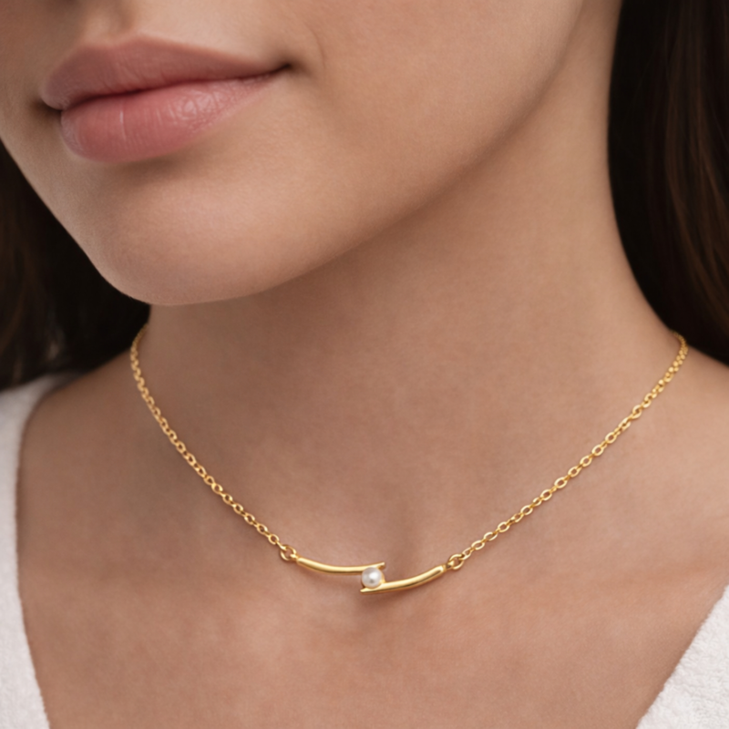 Minimal Pearl Bar Necklace for Women...Minimal gold bar necklace with single pearl worn by a woman, elegant everyday pearl necklace for women