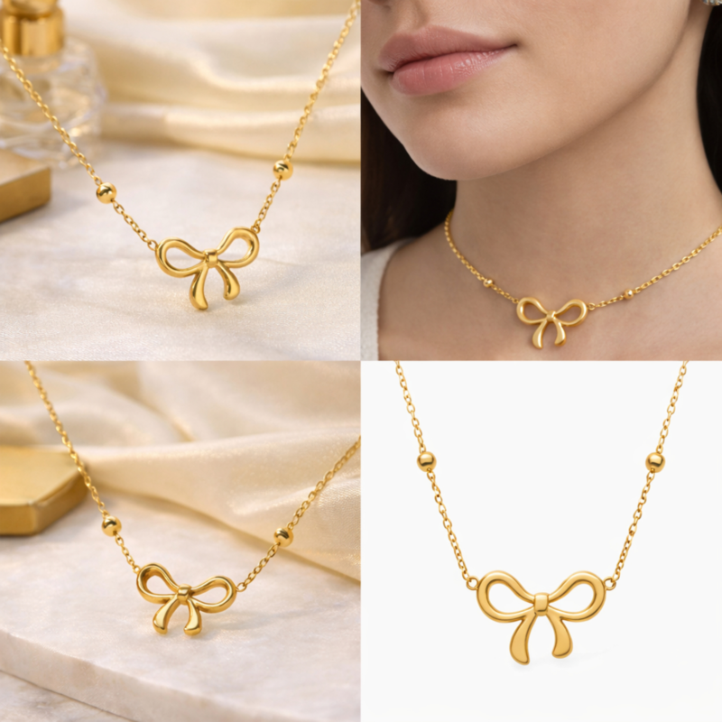 Minimal Gold Bow Necklace for Women....Gold minimalist bow necklace with delicate chain for women daily wear