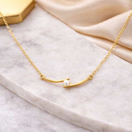 Minimal Pearl Bar Necklace for Women...Minimal gold bar necklace with single pearl worn by a woman, elegant everyday pearl necklace for women
