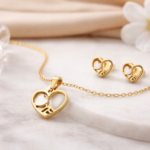 Eternal Love Heart Pendant Set. Gold heart pendant necklace with matching heart stud earrings for women